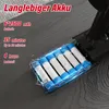 A close-up of a battery pack with text overlays describing its features. Produktbild-Vorschau