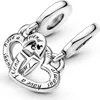 A close-up studio shot of two silver heart-shaped charms connected by a chain, with text engraved on them. Podgląd zdjęcia produktu