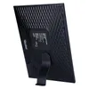 The back of a black digital photo frame with a textured pattern and a kickstand. Produktbild-Vorschau