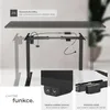 A collage showing a height-adjustable desk frame, close-ups of its controls, and a detail of a cable management bracket. Náhled obrázku produktu