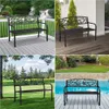 A collage of four images showing a black metal garden bench with a decorative backrest in different outdoor settings. Produktbild-Vorschau