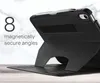 A black tablet case is shown in a folded position, acting as a stand. Produktbild-Vorschau