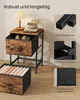 A side view of a wooden and black bedside table with a drawer, and a separate drawer unit in the foreground. Several inset images highlight product features. Produktbild-Vorschau