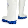 A pair of white work boots with blue soles, shown from the back and side. Produktbild-Vorschau