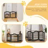 Collage of images showing a black wooden pet gate in different home settings, including a hallway, doorway, and stairs. Anteprima dell’immagine prodotto