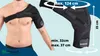 A man wearing a black shoulder brace, with a separate image of the brace showing its dimensions. Anteprima dell’immagine prodotto