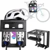 A collage of product images showing a bicycle helmet, cycling shoes, and sunglasses, along with a black metal storage rack for cycling gear, and a separate rack with a cutout logo. Náhled obrázku produktu