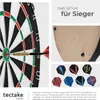 A collage of images showcasing a dartboard, dart flights, and marketing text. Produktbild-Vorschau