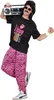 A man wearing an 80s-themed costume, including a black t-shirt with colorful text and pink tiger-striped pants, holding a boombox. Produktbild-Vorschau
