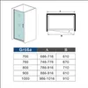 A diagram and a table showing dimensions for a shower enclosure. Produktbild-Vorschau