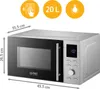 A product shot of a microwave oven with dimensions and feature icons overlaid. Produktbild-Vorschau