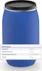 A blue plastic barrel with a black lid, shown in a studio setting with a table of product details below it. Produktbild-Vorschau