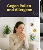 A woman sneezing into a tissue, with icons representing allergens in the background. Produktbild-Vorschau