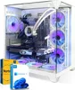 A high-end gaming PC with RGB lighting, accompanied by boxes of Norton Antivirus and Windows 11. Produktbild-Vorschau