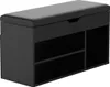 A black shoe cabinet with a cushioned top, shown from a three-quarter angle against a white background. Produktbild-Vorschau
