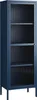A tall, narrow navy blue cabinet with glass doors and shelves, standing on four legs against a white background. Produktbild-Vorschau