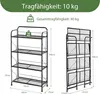 Diagrams and text illustrating the dimensions and weight capacity of a black metal shelving unit. Produktbild-Vorschau