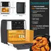 A Heißluftfritteuse (air fryer) with its interior visible, showing food on racks, alongside a separate image of cooked chicken wings and technical specifications. Produktbild-Vorschau