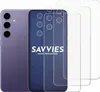 A purple smartphone is shown next to three clear screen protectors. Produktbild-Vorschau