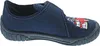 A side view of a child's blue slipper with a red fire truck embroidered on the toe. Produktbild-Vorschau