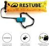 A yellow inflatable safety buoy with a blue pouch and straps, shown with diagrams illustrating its features. Podgląd zdjęcia produktu