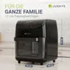 A black air fryer is shown on a countertop with dimensions indicated by measurement lines and text. Produktbild-Vorschau