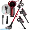 A collage of images showing a red cordless vacuum cleaner from different angles, including its charging station and accessories. Voir les images du produit