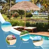 A tropical scene with a thatched umbrella, lounge chairs, and a pool, featuring smaller circular images of a beach, garden, and terrace. Produktbild-Vorschau