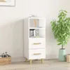 A white wooden sideboard with two drawers and an open shelf, placed in a room with a plant and a basket with a camera. Náhľad obrázku produktu