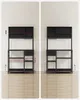A side-by-side comparison of a black metal kitchen shelf unit against a white wall, with a wooden floor. Náhled obrázku produktu