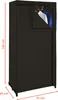 A black fabric wardrobe with clothes hanging inside and dimensions marked. Anteprima dell’immagine prodotto