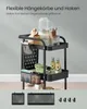 A black metal kitchen cart with various items on its shelves, including bottles, bowls, and a blender. Below the cart are separate images of hanging baskets and hooks. Produktbild-Vorschau