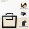 A black metal table base with close-up detail shots highlighting features. Produktbild-Vorschau