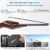 A collage of images showcasing a portable laptop monitor, its thin profile, and its portability. Produktbild-Vorschau