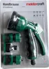 A product package containing a green and black garden hose nozzle with several attachments. Produktbild-Vorschau