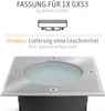A close-up view of a square, in-ground light fixture with a brushed metal top and a frosted glass lens. Produktbild-Vorschau