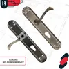 Two door handles with escutcheons are displayed on a blueprint background. Produktbild-Vorschau