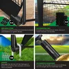 A collage of four images showcasing different features of a KESSER® football goal set, including its anti-slip feet, net, ground stakes, and hand pump. Produktbild-Vorschau