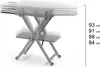 An ironing board shown with multiple height settings indicated by ghosted images and measurement labels. Produktbild-Vorschau