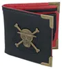 A black bi-fold wallet with a red interior, featuring a gold skull and crossbones emblem and corner protectors. Produktbild-Vorschau