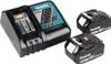 A black Makita battery charger and two Makita 18V batteries are displayed on a white background. Produktbild-Vorschau