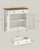 A diagram showing the dimensions of a white and brown sideboard with its drawer shown separately. Produktbild-Vorschau