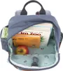 The inside of an open backpack with books, an apple, and a small toy. Produktbild-Vorschau