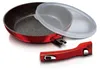 A red frying pan with a removable handle and a clear lid, shown on a white background. Produktbild-Vorschau
