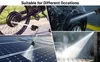 Collage of four images showing a pressure washer being used on a bicycle wheel, a car, solar panels, and a brick patio. Produktbild-Vorschau