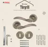 A product image showcasing door handles and their accessories against a light-colored background with subtle graphic elements. Produktbild-Vorschau