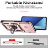 A rose gold phone case with a built-in ring stand is shown, with text highlighting its features. Produktbild-Vorschau