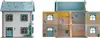 A dollhouse is shown from the front and from the side with the interior visible. Produktbild-Vorschau