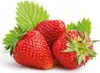 Three strawberries with green leaves on a white background. Produktbild-Vorschau