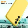 A yellow phone case is shown in a dynamic pose, suggesting drop protection. The background is blurred, with elements that appear to be debris or rocks. Produktbild-Vorschau